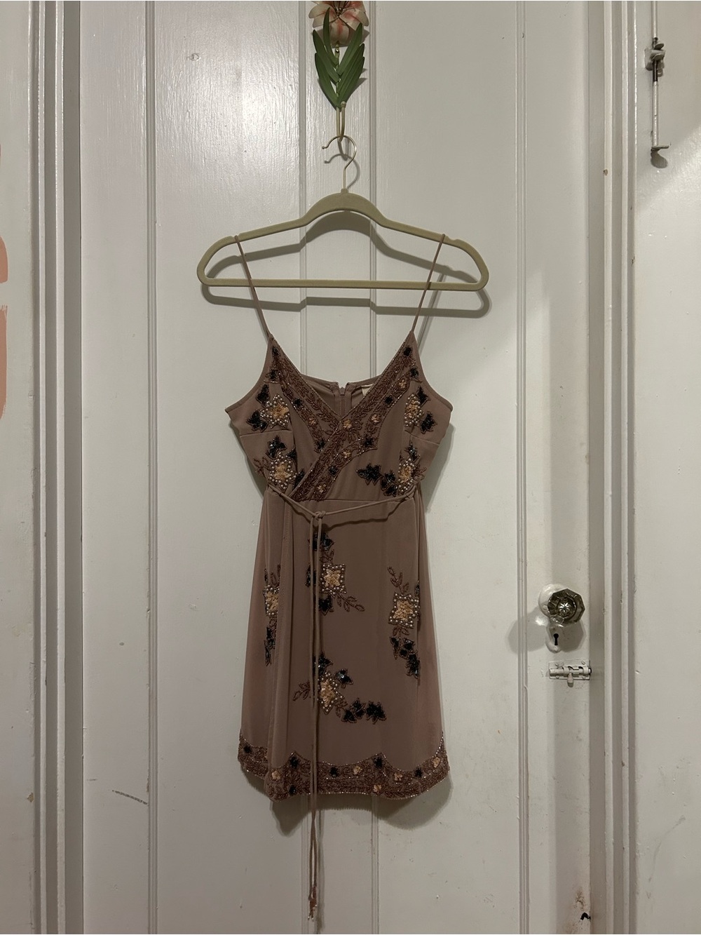 RAGA Free People Mauve-Beige Embellished Spaghetti-Strap Mini Dress